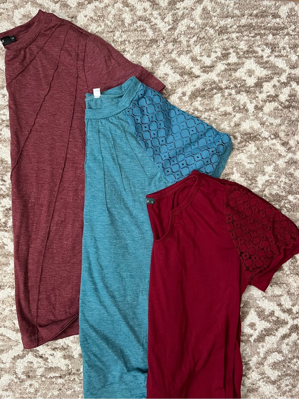 Three Casual Knit Tops - Teal & Burgundy Colors